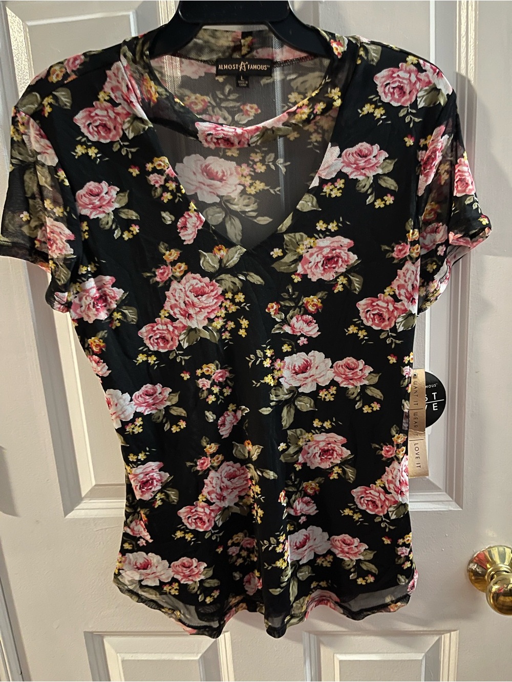 Almost Famous Black Floral V-Neck Tee with Pink Roses